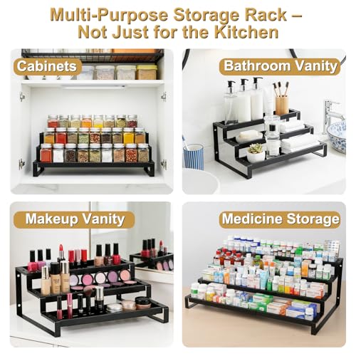 3-Tier Spice Rack Organizer for Cabinet, Expandable Kitchen Organizer 14.4 to 26.1 Inch Seasoning & Pantry Organizer for Countertop, Metal Non-Skid Step Storage Shelf for Condiments, Oils, Cans, Jars