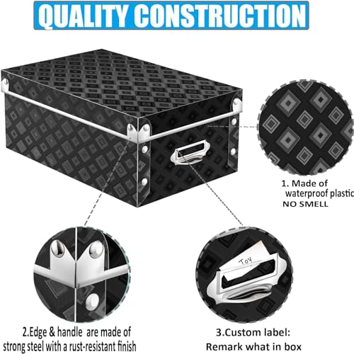 XUCHUN Storage Box with Lid 3 Pack, Collapsible Plastic Storage Bins with Lids, Stackable and Foldable Keepsake Box for Photos, Office and Bedroom Organization, 3 Different Sizes - color: Black-B