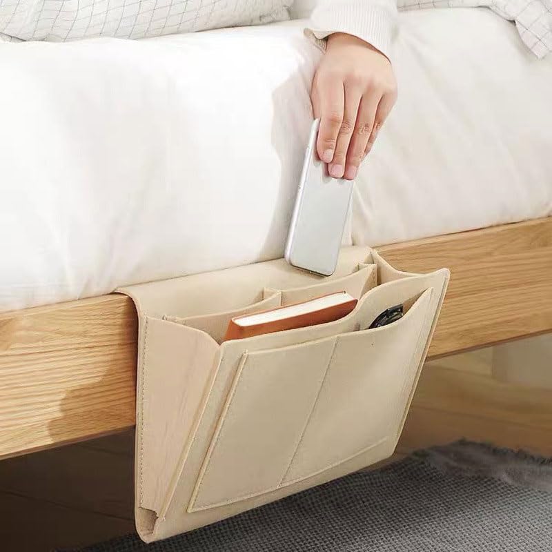 Bedside Storage Organizer with Pockets, Bedside Caddy, Table Cabinet Storage Organizer for TV Remote Control, Phones, Magazines, Tablets, Accessories, Living Room Office Chair Stowage Solution, Beige