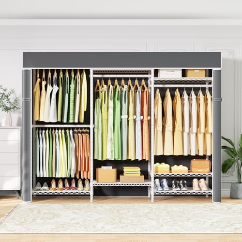Ulif E13C Heavy Duty Closet Organizer System，Freestanding Clothing Racks for Hanging Clothes，Adjustable Garment Rack 63" W x 16" D x 77" H Hold 960 lbs，White Clothing Rack with Grey Dustproof Cover - color: White Rack with Grey Cover, size: E13C