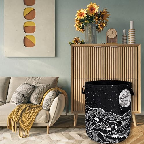 Mountain Laundry Basket Foldable With Handles Deer Bear Moon Tote Bag Oxford Cloth Funny Laundry Hamper Clothes Storage Bucket Toy Organizer For Bathroom/Laundry/Bedroom 18.9" x 16.5 " - color: Mountain With Galaxy Moon Bear
