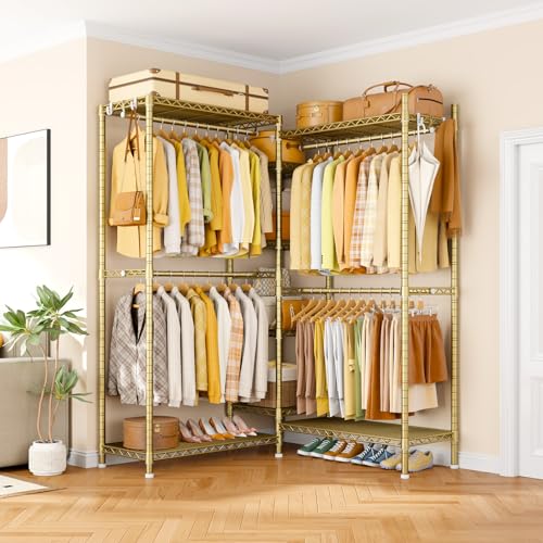 Ulif E4L Corner Clothes Rack, L Shaped Garment Rack, Heavy-Duty Freestanding Closet System with Shelves and Hangers, Max Load 962lbs, 42.7" W x 42.7" D x 79.3" H, Gold - color: Gold