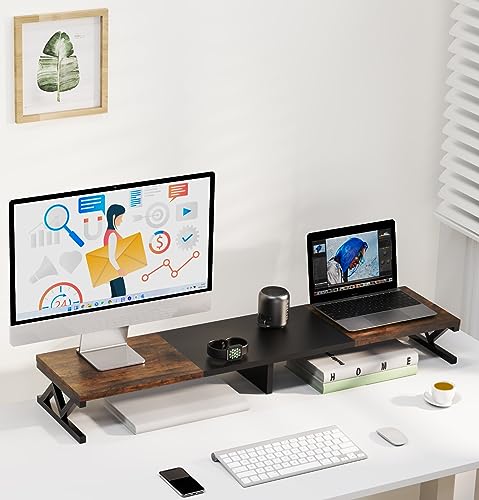 Dual Monitor Stand Riser, Large Wood Monitor Riser for 2 Monitors, Monitor Lift with Storage for Desk, Sturdy Wood&Steel Multi Screen Stand, Desktop Organizer Monitor Stand for Computer - color: Rustic Brown+Black