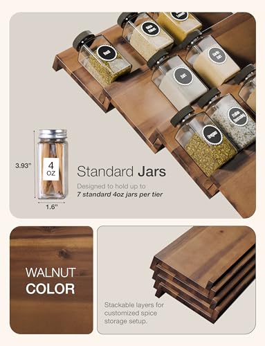 Tinamo Acacia Wooden Spice Rack Organizer for Cabinet - Spice Drawer Insert, Spice Organization for Cabinet, Seasoning Organizer, Spice Holder Pack of 4 (Walnut, Pack 4) - color: Walnut, size: Pack 4