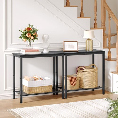 Hoctieon 2 Tier End Table, Sofa Side Table, Narrow Side Shelf with Storage, Slim Nightstand for Small Spaces, Metal Frame, for Living Room, Bedroom, Sofa Couch, Hall, Black, 2 Set - color: Black, size: 2 Packs
