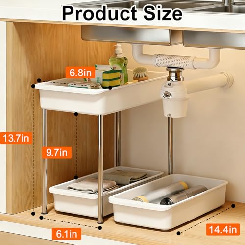 2-Tier Under Sink Organizer with Smooth Rolling Wheels, Pull-Out Bottom Storage Drawer with Easy-Lift Handle, Metal & Plastic Sliding Cabinet Organizer for Kitchen & Bathroom, White, 2 Pack - color: White