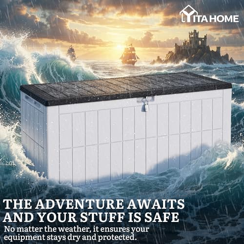 YITAHOME 134 Gallon Large Outdoor Storage Box with Lock, Waterproof Resin Deck Box w/Hydraulic Piston for Garden Tools, Pool Accessories & Cushions(Black & Grayish-White) - color: Black & Grayish-White, size: 134 Gallon, style: Deck Box