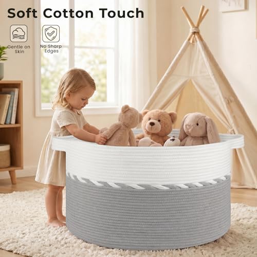 OIAHOMY 90L Blanket Basket for Living Room, Large Basket 23" x 23" x 13" with Handle, Laundry Hamper for Blankets, Pillows, Toy Storage for Kids, Dogs - Grey & White - color: Grey & White, size: 23" x 23" x 13"