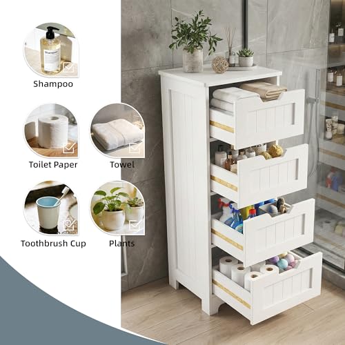 Casaphoria Skinny Bathroom Floor Storage Cabinet, 4-Drawer Narrow Freestanding Tower Cabinet with Anti-Tip Kit, Space-Saving Wooden Organizer for Small Spaces, White - size: 11.81"L×11.81"W×32.68"H