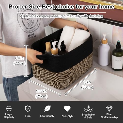 OIAHOMY Woven Storage Basket for Shelves, Rectangle Cotton Rope Baskets for Organizing, 13 x 10 x 9 in, Storage Bins for Dog Toys,Towel,Books,Gift,Black and Brown - color: Black and Brown, size: 13"x10"x9"
