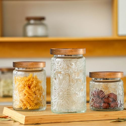 Adodeen 24oz Vintage Glass Canister With Lid Small Glass Jars Wide Mouth Mason Jars Airtight Coffee Canisters Kitchen Storage Containers For Sugar Tea Spice Flour Candy Cookie Cereal Cute Decorative - color: Sunflower-24oz