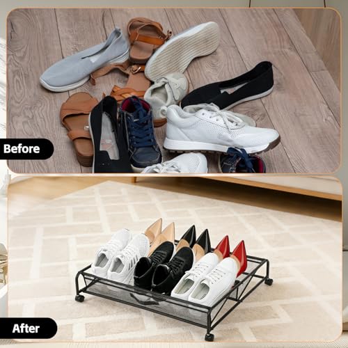 Under Bed Shoe Storage Organizer, 2-Pack Metal Mesh Storage Drawers with Wheels – Rolling Underbed Shoe Organizer for Space Saving Bedroom Organization (Black)