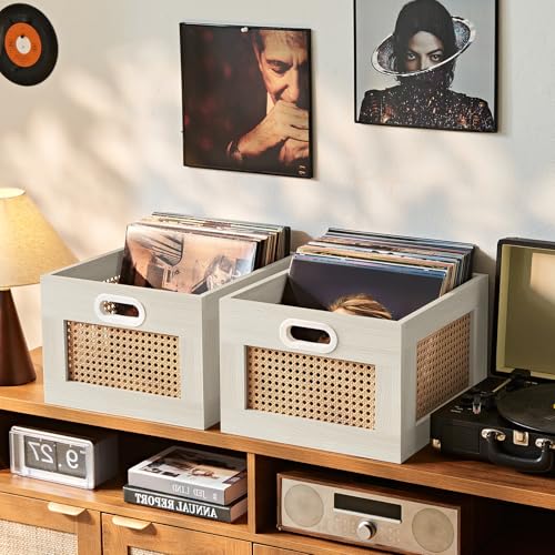 LELELINKY 2 Pack Vinyl Record Storage Crates, Rattan Vinyl Record Holder with Handle, Wood Record Crate for Vinyls Holder up to 75 LP's, Desktop Cube Album Storage for Vinyls Records(Grey White) - color: Grey White, size: 2 Pack