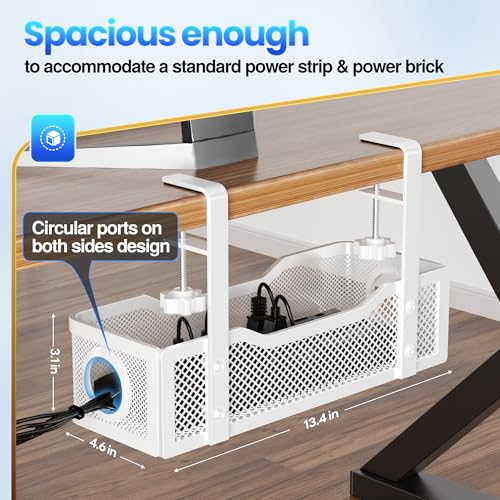Cable Management Under Desk Tray, No Drill Cable Management Box with Clamp for Wire Organization, Cord Organizer for Office, Home - No Damage to Desk (White) - color: White