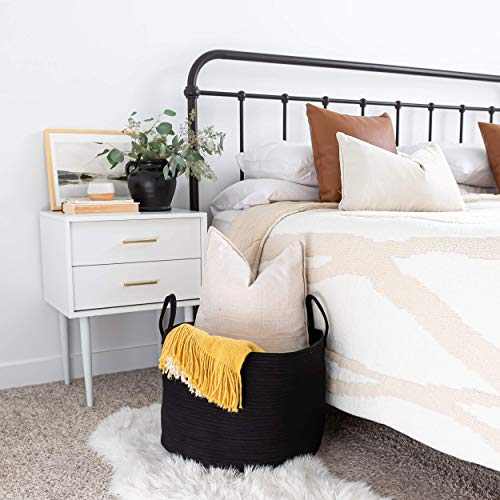 OrganiHaus Large Woven Storage Basket for Blankets and Toys 20" x 13" Inch, Rope Laundry Basket with Handles, Cushions & Pillows Storage Bin, Nursery Hamper, Soft Round Dog Toy Bin - Black - color: Full Black, size: Wide
