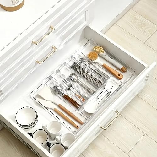 Silverware Drawer Organizer, Expandable Utensil Tray for Kitchen Drawers,BPA Free Flatware and Cutlery Holder,Adjustable Plastic Storage for Utensil like Spoons, Forks, Knives.Clear - color: Clear-8 grid