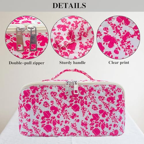 Rose Red Large Quilted Floral Makeup Bag Cute Coquette Aesthetic Cosmetic Bag Open Flat Travel Toiletry Make up Bag for Women - color: C-lay flat rose red