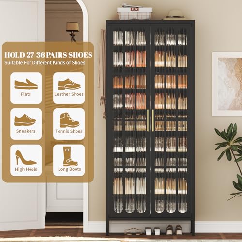 9-Tier Tall Metal Shoe Cabinet with Doors & Hooks, 67" Large Shoe Storage Organizer wth Adjustable Shelves, Shoe Rack Holds 27-36 Pairs for Entryway, Hallway, Cloakroom (Black) - color: Black