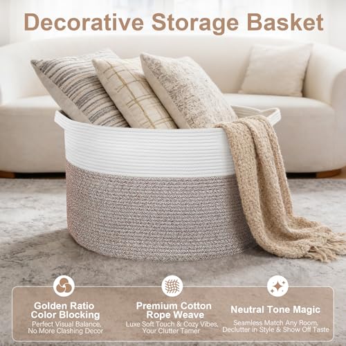 90L Extra Large Blanket Basket for Living Room - Cotton Rope Laundry Hamper Woven Baskets XXL Storage Bin with Handles for Dirty Clothes, Kids, Pets, Toys, Bedroom, 23'' x 23'' x 13'', White & Brown - color: Brown & White, size: 90L