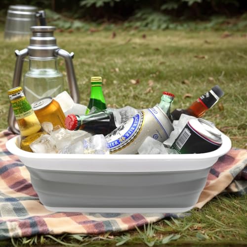 SAMMART 9.2L (2.37Gallon) Collapsible Wash Basin - Foldable Outdoor Picnic Basket - Portable Plastic Tub - Space Saving Storage Container with Size : 15.3 x 11.2 x 5.5/1.5" (M, Gray) - color: Gray