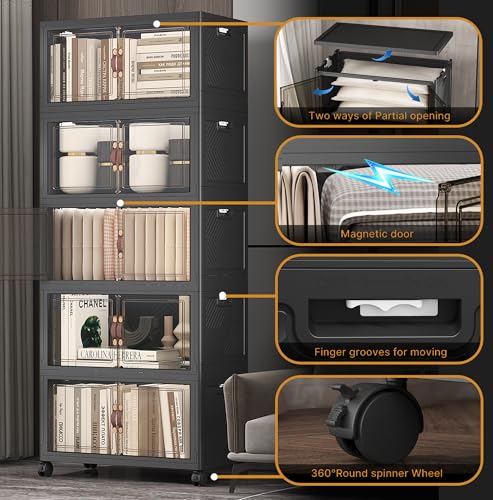 UAMFURI Extra Large Stackable Storage Bins with Lids & Wheels, Foldable Collapsible Closet Organizers Dark Storage Cabinet with Doors for Bedroom Dorm - color: Black, size: 5PACK-20"W12"D54"H