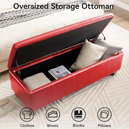 WUTUTUEE 51" Faux Leather Storage Ottoman, Stitch Tufted Rectangle Upholstered End of Bed Storage Bench, Entryway Large Couch Ottoman with Wooden Legs,Red - color: Red, size: 51 Inch