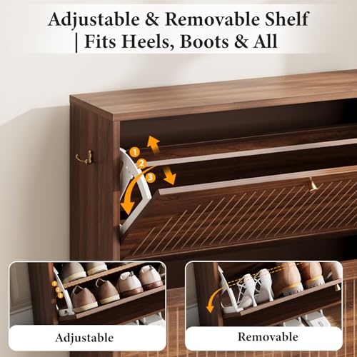 Nicetree Arch-Chic Shoe Cabinet for Entryway, Modern Mid-Century Shoe Storage Cabinet with Fluted, Narrow Shoe Rack with Adjustable Shelves & Tipping Protection, Fits Size 12 Shoes,Luminous Walnut - color: Luminous Walnut, style: 2 Flip Drawer - Fluted Ar