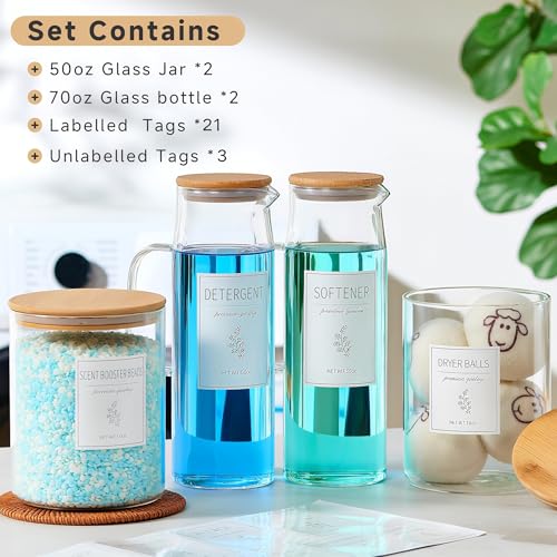 Glass Laundry Detergent Dispenser Set - 2x50oz & 2x70oz Borosilicate Containers with Bamboo Lids, Handle& Labels, Stores Powder,laundry pods,Fabric Softener, for Laundry Room organization and Decor - color: 2 Pods Containers and 2 Dispensers