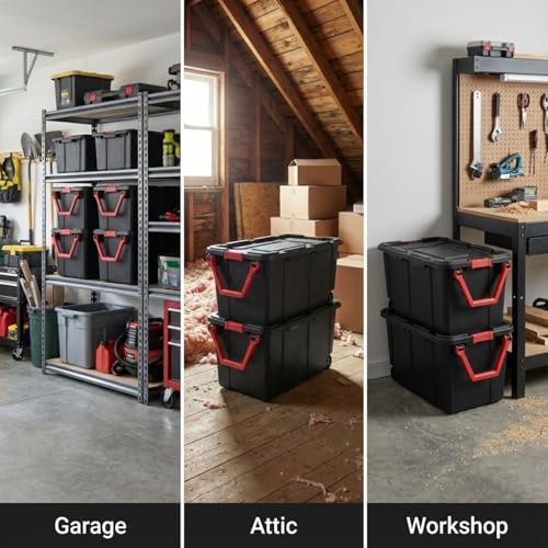 40 Gallon Wheeled Storage Tote with Lid – Heavy Duty Rolling Storage Bin with Ergonomic Handle & Secure Latches – Large Plastic Stackable Container for Garage Basement Workshop (Black) - size: Black