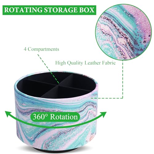 Round Leather Art Supply Organizer,Remote Control Holder,360-degree Rotating Pen Organizer with 4 Compartments(1-Pink Green Splash Ink) - color: 1-Pink Green Splash Ink