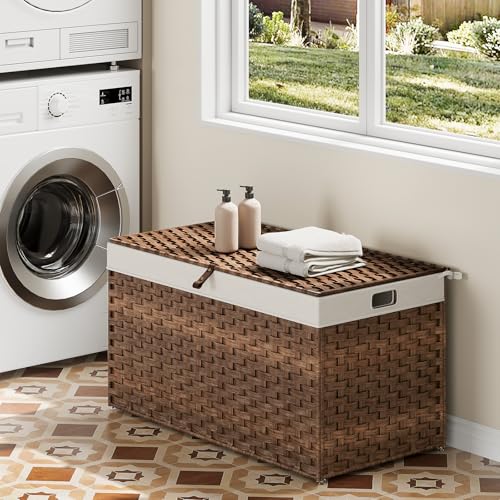 HOOBRO Storage Basket with Lid, 42.3 Gallon (160L) Wicker Basket, Handwoven Blanket Storage Basket with Handles, Metal Frame and Soft Lining, Foldable for Bedroom, Laundry Room, Brown BR216CW01 - color: Brown, size: 29.9"L x 17.7"W x 18.1"H