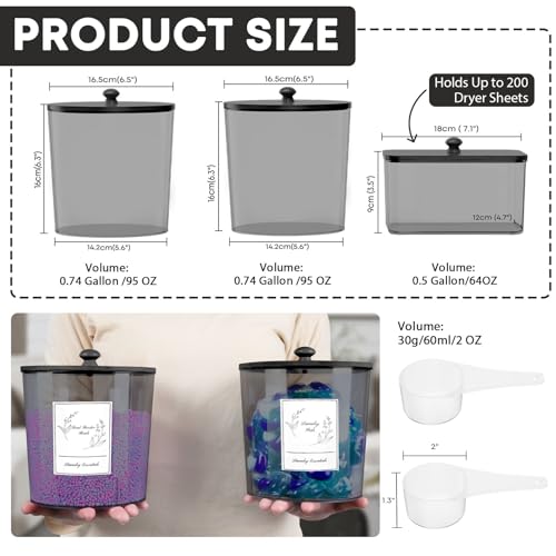 COAZEX 3 Pack Laundry Powder Container & Dryer Sheet Holder, Plastic Laundry Room Organization and Storage Jars with Lids, Labels & Scoops for Powder, Detergent, Scent Booster (Black) - color: C-Black(Black Lid)