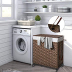 Greenstell Laundry Hamper with Wheels, No Install Needed, 90L Divided Handwoven Hampers & 2 Removable Liner Bags, Synthetic Rattan Clothes Laundry Basket with Lid & Handles, Foldable Hampers Brown - color: Brown, size: 90L: 18.3x13.5x26.4 Inches