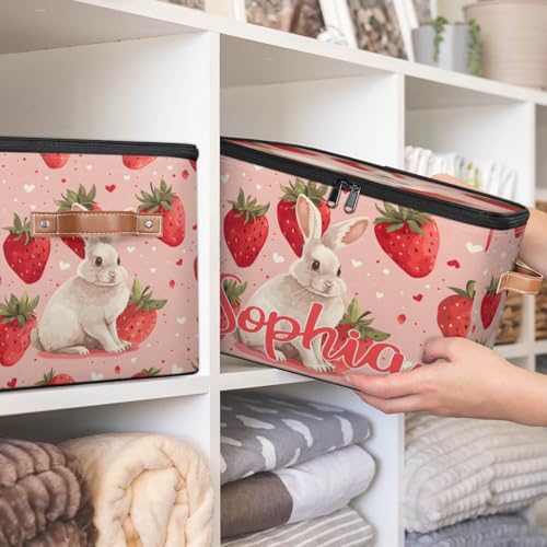 Custom Storage Basket with Name, Personalized Storage Bins with Zipper Lid, Foldable Fabric Storage Box Large capacity with Handle Strawberry Rabbit - color: Option 24