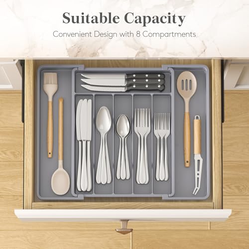 Lifewit Silverware Drawer Organizer, Expandable Utensil Tray for Kitchen, BPA Free Flatware and Cutlery Holder, Adjustable Plastic Storage for Spoons Forks Knives, 10.9"-17.5" x 13.7", Gray - color: Gray, size: Large (11-18''W x 14''D)