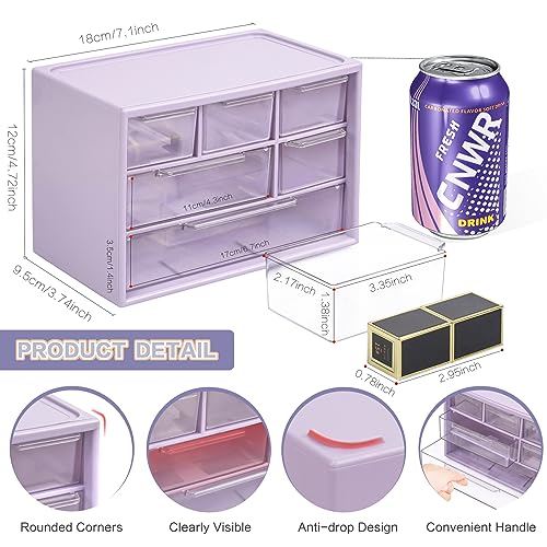 Desk Storage Organizer with 6 Mini Drawers, FODIENS Stackable Desktop Craft Drawer Cabinet, Clear Storage Box Caddy for Makeup Jewelry Office Craft Supplies (Purple) - color: Purple
