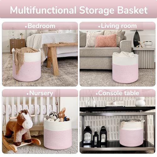 Goodpick Baby Storage Basket, Pink Laundry Basket 15 x 14.2 Inches, Toy Basket for Clothes, Nursery Basket for Toys, Soft Woven Basket for Storage, Pink - color: Pink, size: 15 × 14.2 inches