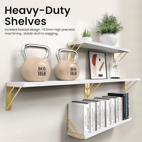 BAYKA Wall Shelves for Bedroom Decor, Floating Wall Shelf for Living Room Kitchen Storage, Mounted Rustic Wood Shelves for Kids Books, Corner Shelf for Bathroom(White and Gold，23in，Set of 4) - color: B. White Board & Gold Brackets, size: 23-inch Standard