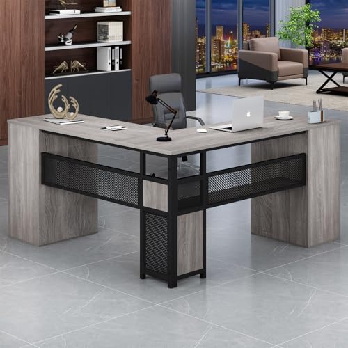 HSH Large L Shaped Desk with Storage File Cabinet，Corner L-Shaped Computer Desk with Drawers Shelves, Home Office Bedroom Metal Wood Study Writing Table Executive Workstation, Light Grey Oak, 59 Inch - color: Light Grey Oak
