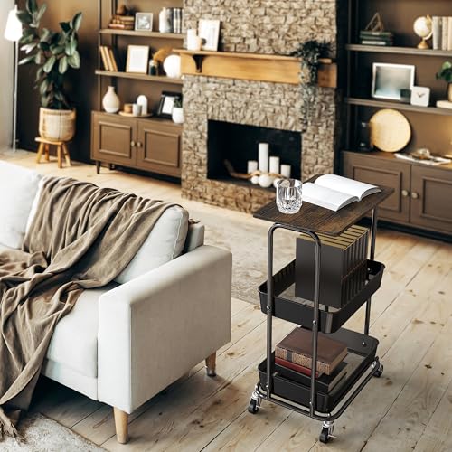 Simple Houseware 2-Tier Rolling Utility Cart with Lockable Wheels and Wood Top, Metal Storage Organizer Trolley for Kitchen, Bathroom, Office, Craft Room, Rustic Brown - color: Rustic Brown