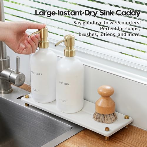 White Gold Dish Drying Rack Tray, Water Absorbing Stone Sink Caddy Kitchen Sink Organizer, Diatomite Bathroom Counter Faucet Mat Coaster, Soap Riser Dispenser Sponge Holder, White 12.5" x 4.5" - color: White - Gold, size: 12.5" x 4.5" x 1"