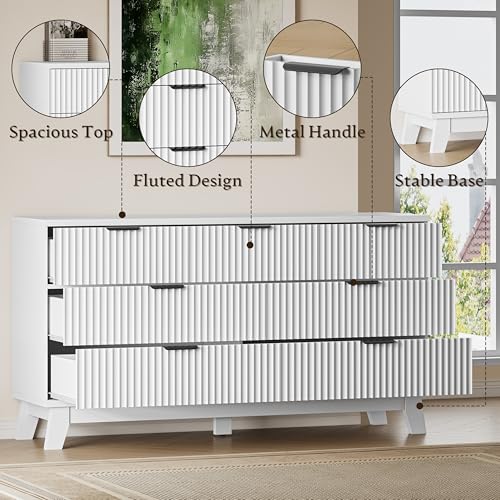 BORNOON 57" Long Dresser for Bedroom, 7-Drawer Fluted Chest, Wide Wood Storage Dresser with Metal Slides and Handles, Stable Base, Modern Clothes Organizer for Primary Suite, Guest Room, Nursery - color: Pure White, size: XL 7-Drawer
