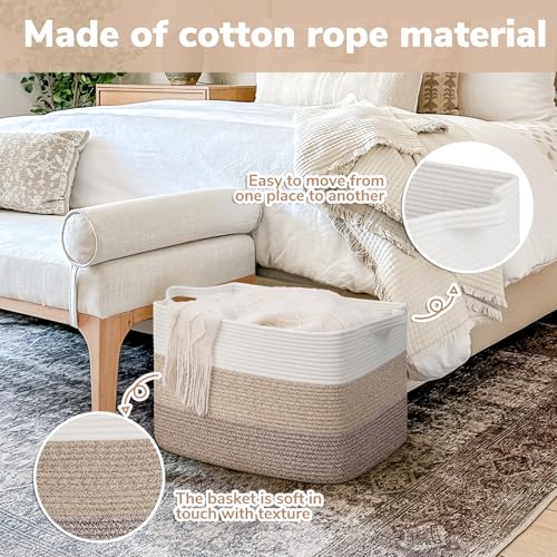 Goodpick Large Storage Basket, 18"x14"x12" Cotton Rope Organizer for Blankets, Toy Baskets Storage Kids, Rectangle Woven Basket for Living Room, Bedroom, Gradient Brown - color: Gradient Brown, size: 18"L x 14"W x 12"H