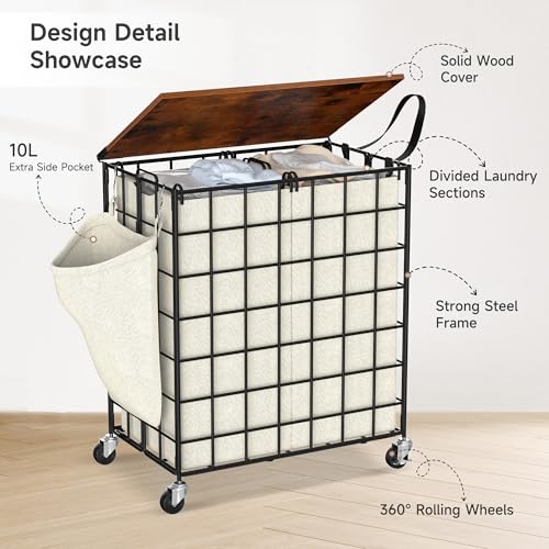 Laundry Basket with Wheels, Heavy Duty Laundry Sorter 2 Sections, 120L (32Gal.) Large Capacity Laundry Hamper with Wood Lid, 360 Rolling Wheels, Extra Side Pocket, Leather Pull Handle, Beige - color: Beige, size: 120L