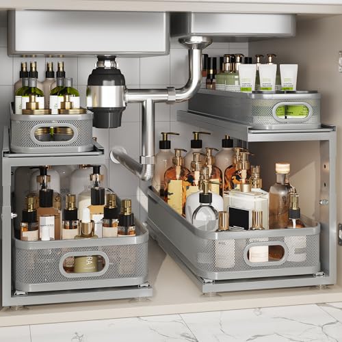 2 Pack 21IN-Depth Under Sink Organizer With Next-Gen Ball-Bearing Slides,2-Tier Precision Mesh Pull Out Cabinet Storage for Bathroom&Kitchen,Height Adjustable Drawers Shelf,Anti-rust-Grey - color: Gun Gray, size: 2 Pack-21"Dx12.4"-16.5"H