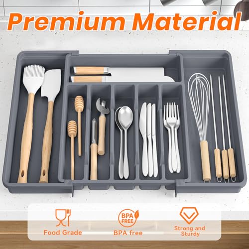 RoomHacks Large Silverware Organizer,Expandable Utensil Drawer Organizer,BPA Free Utensil Holder,Adjustable Silverware Tray Cutlery Drawer Organizer for Kitchen Flatware,Large,Grey (6-8 Slots) - color: Gray