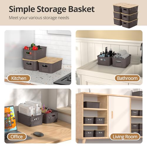 Plastic Storage Baskets with Bamboo Lids, Stackable Small Box Bins for Organizing and Containers for Shelves Drawers Desktop Closet Pantry Classroom Office Home, 6 Pack 10.2x7.2x4.1 Inch, Brown - color: Brown