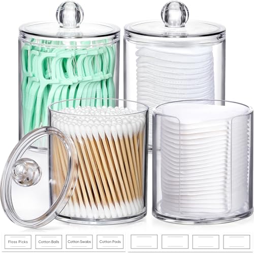 AOZITA 4 Pcs, Acrylic Qtip Holder Dispenser for Cotton Swab, Ball, Round Pads, Floss Picks - Clear Plastic Apothecary Jar Set for Bathroom Canister Storage Organization, Vanity Makeup Organizer - color: Clear, size: 4