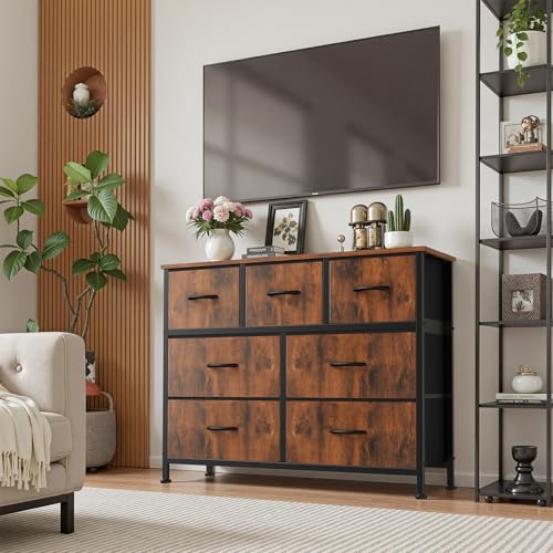 Sweetcrispy 7 Drawer Dresser with Fabric Bins Fabric Storage Tower Organizer for Bedroom Closet Hallway Entryway Tall Chest of Drawers with Steel Frame Wood Top Easy Pull Handles,Rustic Brown - color: Brown, size: 11.8"D x 39.3"W x 30.3"H (7 Drawers)