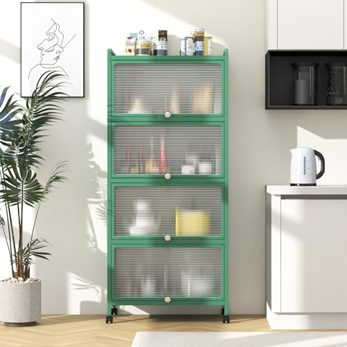 Giantex 5-Tier Kitchen Storage Cabinet, Mobile Microwave Stand with Flip-up PC Doors, Freestanding Kitchen Bakers Rack with 4 Rolling Casters, for Dining Room, Living Room and Study, Green - color: Green